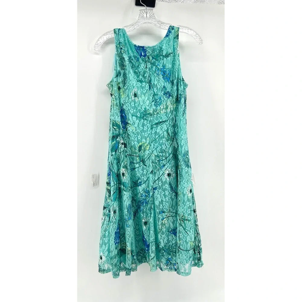 Perceptions New York Womens Teal Floral Lace Sleeveless A-Line Dress Small